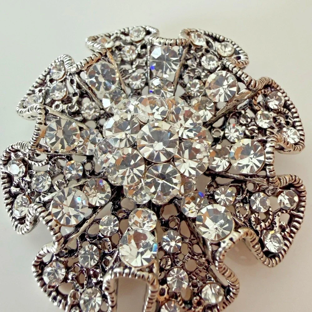 Vintage Rhinestone Statement Ruffle Edge Brooch Sparkle Silver Tone Clear Stones